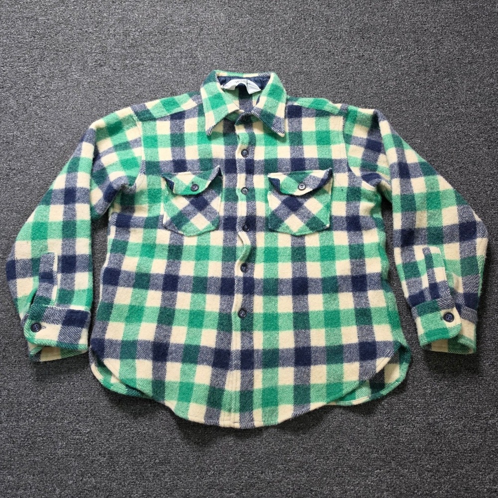 VTG Woolrich Flannel Shirt Green Plaid Womens Medium Wool Blend Lumberjack USA
